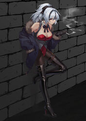  absurdres against_wall belt_boots black_bow black_bowtie black_footwear black_gloves blue_coat boots bow bowtie breasts brick_wall cigarette cleavage cleavage_cutout clothing_cutout coat detached_collar female fur_coat gloves grey_hair high_heel_boots high_heels highleg highleg_leotard highres holding holding_cigarette jacket leotard long_hair long_sleeves looking_back momihige multicolored_hair open_clothes open_coat original pantyhose playboy_bunny ponytail red_eyes red_leotard smoke smoking thigh_boots 