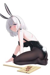  absurdres animal_ears azur_lane bare_back bare_shoulders black_leotard black_pantyhose black_ribbon black_wrist_cuffs blush braid breasts closed_mouth detached_collar fake_animal_ears fake_tail feet female from_side hair_between_eyes hair_ribbon highres large_breasts leotard looking_at_viewer mole mole_under_mouth no_shoes official_alternate_costume pantyhose playboy_bunny purple_eyes rabbit_ears rabbit_tail ribbon san_jacinto_(azur_lane) san_jacinto_(flavor_of_the_day)_(azur_lane) seiza short_hair sideboob sign simple_background sitting smile soles solo tail white_background white_hair wrist_cuffs zerotwenty_(020) 