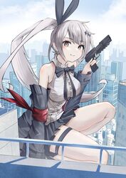  absurdres artist_request bare_shoulders black_skirt brown_eyes building city closed_mouth commission english_commentary female five-seven_(girls&#039;_frontline) fn_five-seven giant giantess girls&#039;_frontline gun handgun highres holding holding_gun holding_weapon long_hair looking_at_viewer miniskirt pleated_skirt ponytail second-party_source skeb_commission skirt skyscraper smile solo thigh_strap weapon white_hair 