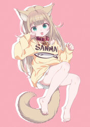  40hara :p animal_ear_fluff animal_ears aqua_eyes bare_legs barefoot cat_ears cat_girl cat_tail extra_ears feet female full_body highres kinako_(40hara) light_brown_hair long_hair long_sleeves looking_at_viewer no_pants original pink_background shirt simple_background sweater tail tongue tongue_out white_shirt yellow_sweater 