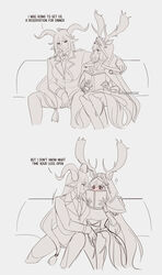  2girls animal_ears antlers antlers_through_hood arknights arm_around_shoulder armor blush breasts cape collared_shirt couch deer_antlers deer_ears deer_girl degenbrecher_(arknights) ears_through_hood english_text goat_ears goat_girl goat_horns greaves greyscale hair_between_eyes highres hood hood_up hooded_cape horns jacket lapels long_hair medium_breasts monochrome multiple_girls necktie on_couch pants shirt sidelocks sitting spot_color supershrimpcakes viviana_(arknights) yuri 