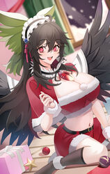  absurdres ahoge alternate_costume belt bird_wings black_belt black_hair black_hairband black_ribbon black_socks black_wings blue_flower blue_rose blurry blurry_background bow box breasts capelet christmas christmas_ornaments cleavage commentary curvy dutch_angle female flower foot_out_of_frame frilled_hairband frills fur-trimmed_capelet fur-trimmed_skirt fur-trimmed_tube_top fur_anklet fur_cuffs fur_trim gift gift_box green_bow hair_between_eyes hair_flower hair_ornament hair_ribbon hairband hairbow highres indoors jewelry large_breasts long_bangs long_hair looking_at_viewer midriff navel neck_ribbon open_mouth oshimai pink_ribbon red_capelet red_eyes red_skirt red_tube_top reiuji_utsuho ribbon ring rose santa_costume sidelocks skirt smile socks solo star_(symbol) strapless teeth third_eye touhou tube_top upper_teeth_only window wings 