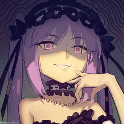  bare_shoulders boa_(brianoa) breasts choker dress fate/hollow_ataraxia fate_(series) female frilled_choker frilled_hairband frills glowing glowing_eyes grin hairband highres jewelry long_hair looking_at_viewer necklace parted_bangs purple_eyes purple_hair shaded_face sidelocks small_breasts smile solo square_pupils stheno_(fate) twintails white_dress 