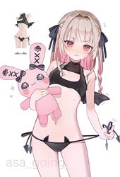  asa_going bat_lingerie bat_wings black_bra black_panties black_ribbon blush bra breasts commentary_request cowboy_shot fake_wings female grey_hair hair_ribbon highres holding holding_stuffed_toy lingerie long_hair looking_at_viewer makaino_ririmu multicolored_hair navel nijisanji oerba_yun_fang panties photo_inset pink_eyes pink_hair pointy_ears ribbon side-tie_panties small_breasts solo streaked_hair stuffed_animal stuffed_rabbit stuffed_toy sweat two-tone_hair underwear untied_panties virtual_youtuber wavy_mouth wings 