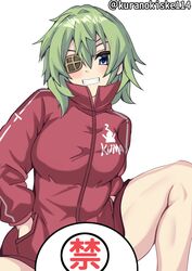  censored eyepatch female green_eyes green_hair grin highres jacket kantai_collection kiso_(kancolle) kiso_kai_ni_(kancolle) kurano_kisuke official_alternate_costume one-hour_drawing_challenge red_jacket short_hair simple_background sitting smile solo tomboy twitter_username white_background 