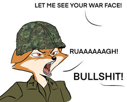  angry anthro armor army army_helmet army_uniform black_nose camo camo_clothing camo_print canid canine clothing ears_down english_text f4ephantomii female fox full_metal_jacket fur headgear helmet looking_sideways mammal military_uniform movie_reference multicolored_body offscreen_character open_mouth orange_body orange_fur pattern_clothing pivoted_ears profanity solo text tongue two_tone_body uniform united_states_of_america war_face white_body white_fur yelling 