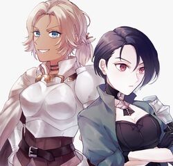  2girls armor asymmetrical_hair belt black_belt black_choker black_gloves blonde_hair blue_eyes blue_hair breastplate breasts catherine_(fire_emblem) choker cleavage crossed_arms fire_emblem fire_emblem:_three_houses gloves green_jacket hair_between_eyes highres ichi_(dndk01) jacket multiple_girls open_clothes open_jacket pauldrons purple_eyes shamir_nevrand short_hair shoulder_armor sleeves_rolled_up smile upper_body white_background 