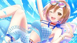  ;d aozora_no_saki_kagayaki_wo_oikakete_(project_sekai) arm_up aviator_sunglasses bikini blush bracelet brown_eyes brown_hair choker commentary_request day earrings eyewear_on_head female highres inflatable_toy jewelry kirita_asami knees_up looking_at_viewer meiko_(vocaloid) more_more_jump!_meiko o-ring o-ring_bikini ocean official_alternate_costume one_eye_closed open_mouth outdoors partial_commentary plaid plaid_bikini project_sekai short_hair signature smile solo sparkle sunglasses sunlight swimsuit tinted_eyewear vocaloid water 