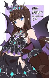  bare_shoulders bat_wings black_shirt black_skirt black_sleeves black_wings blue_eyes blunt_bangs brown_hair character_name closed_mouth commentary_request cowboy_shot detached_sleeves dolldolldd female hand_on_own_hip happy_birthday highres korean_commentary kurosu_aroma long_hair looking_at_viewer midriff pretty_series pripara shirt skirt solo standing tiara very_long_hair wings 