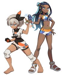  2girls absurdres armlet barefoot bea_(pokemon) belly_chain bike_shorts black_bodysuit black_hair black_hairband blue_eyes bodysuit bodysuit_under_clothes bow_hairband clenched_hand closed_mouth collared_shirt commentary commission dark-skinned_female dark_skin dive_ball dynamax_band earclip earrings eyelashes gloves grey_hair hair_between_eyes hair_bun hairband hand_on_own_hip highres holding holding_poke_ball hoop_earrings jewelry knee_pads legs_apart long_hair mr.thunderigor multicolored_hair multiple_girls navel necklace nessa_(pokemon) poke_ball pokemon pokemon_swsh print_shirt print_shorts shirt short_hair short_sleeves shorts single_glove single_hair_bun smile squatting standing toes two-tone_hair ultra_ball white_background white_footwear 