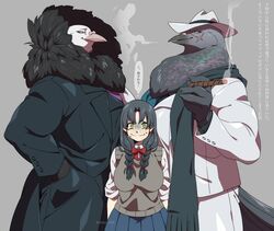  anthro avian big_breasts bird breasts cigar cigar_smoke clothing coat columbid female gangster group human imkn_626 japanese_text male mammal pigeon scar scarf school_uniform smoke smoking smoking_cigar text thought_bubble topwear translation_request trio uniform 