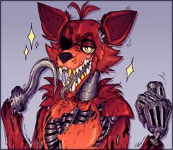  2022 ambiguous_gender animatronic anthro canid canine digital_media_(artwork) exposed_endoskeleton five_nights_at_freddy&#039;s fox foxy_(fnaf) fur gold_(metal) gold_tooth hook hook_hand looking_at_viewer machine mammal metallic_body red_body red_fur robot scottgames simple_background solo srpayt0n yellow_eyes 