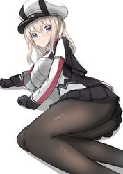  black_pantyhose black_skirt blonde_hair breasts capelet feet_out_of_frame female graf_zeppelin_(kancolle) grey_eyes hair_between_eyes hat highres kantai_collection large_breasts lying military_hat military_uniform miniskirt on_side one-hour_drawing_challenge panties panties_under_pantyhose pantyhose peaked_cap redundant-cat sidelocks simple_background skirt solo twintails underwear uniform white_background 