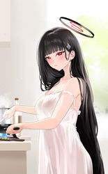  absurdres alternate_costume black_hair blue_archive bottle breasts bright_pupils cleavage collarbone cooking covered_navel female frying_pan hair_ornament hairclip halo highres holding holding_frying_pan indoors kitchen large_breasts long_hair looking_at_viewer negligee nonbire off_shoulder parted_lips red_eyes rio_(blue_archive) see-through solo sweat sweatdrop very_long_hair white_negligee white_pupils 