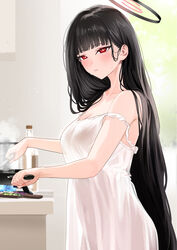  absurdres alternate_costume black_hair blue_archive blue_fire blush bottle breasts bright_pupils cleavage collarbone commentary cooking covered_navel female fire frying_pan hair_ornament hairclip halo highres holding holding_frying_pan indoors kitchen large_breasts long_hair looking_at_viewer looking_to_the_side negligee nonbire parted_lips red_eyes rio_(blue_archive) see-through_silhouette solo steam stove strap_slip sweat very_long_hair white_negligee white_pupils 