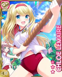  2girls ass_visible_through_thighs blonde_hair blue_eyes blush breasts brown_hair buruma character_name character_request chloe_lemaire cloud flag girlfriend_(kari) green_eyes gym_uniform headband legs_apart long_hair multiple_girls navel official_art open_mouth outdoors ponytail pulling qp:flapper red_buruma red_headband rope shirt short_hair short_sleeves sky smile sports_festival sweat thighs tug_of_war white_shirt 