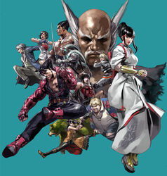  5girls 6+boys androgynous bald bear beehive_hairdo black_legwear bob_(tekken) bodysuit boots clenched_hands collage commentary_request demon_girl demon_horns eliza_(tekken) facial_hair flying_kick hakama hakama_skirt hawaiian_shirt horns japanese_clothes junny kazama_asuka kazama_jin kicking kuma_(tekken) lee_chaolan leo_kliesen ling_xiaoyu long_coat mishima_heihachi mishima_kazumi_(tekken) mishima_kazuya mole mole_under_eye moustache multiple_boys multiple_girls multiple_others old old_man pantyhose pectorals promotional_art scar shirt simple_background skirt spiked_hair split sword tekken tekken_7 tentacle unzipped vambraces weapon yoshimitsu_(namco) 