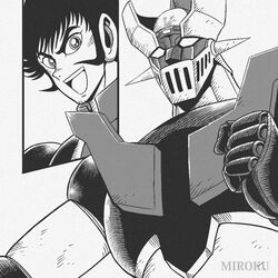  1970s_(style) 1boy artist_name clenched_hand greyscale hair_behind_ear kabuto_kouji male_focus mazinger_(series) mazinger_z mazinger_z_(mecha) mecha miroku_(miroku_t) monochrome official_style open_mouth retro_artstyle robot science_fiction sideburns signature super_robot v-shaped_eyebrows white_background 