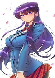  bow bowtie breasts buttons closed_mouth female gofa highres itan_private_high_school_uniform komi-san_wa_komyushou_desu komi_shouko large_breasts long_hair pantyhose petals pleated_skirt purple_eyes purple_hair red_skirt school_uniform shirt skirt solo very_long_hair white_shirt 