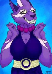  anthro asuri_(brawlhalla) brawlhalla breasts clothing dress felid feline female fur hi_res jewelry looking_at_viewer mammal markings necklace neztiks pantherine purple_body purple_clothing purple_fur simple_background solo tiger 