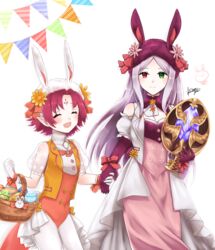  2girls :d animal_ears animal_hat basket breasts cleavage closed_eyes closed_mouth covered_navel detached_sleeves dress elbow_gloves facial_mark fae_(fire_emblem) fae_(spring)_(fire_emblem) fake_animal_ears fire_emblem fire_emblem:_the_binding_blade floating_hair gloves green_eyes grey_hair hair_intakes hat heterochromia highres holding holding_basket idunn_(fire_emblem) idunn_(spring)_(fire_emblem) leotard long_hair medium_breasts misato_hao multiple_girls open_mouth orange_leotard pantyhose parted_bangs pink_dress purple_gloves purple_headwear rabbit_ears rabbit_hat red_eyes red_hair see-through short_hair short_sleeves signature sleeveless sleeveless_dress smile standing very_long_hair white_background white_gloves white_headwear white_legwear white_sleeves 