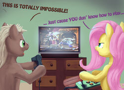 blue_eyes brown_eyes controller crossover dialogue duo electronics english_text equid equine female fluttershy_(mlp) friendship_is_magic fur game_controller green_eyes hair hasbro horse humor ivy_valentine long_hair male mammal my_little_pony pink_hair pony sitting soul_calibur television text themotaro white_hair xianghua yellow_body yellow_fur