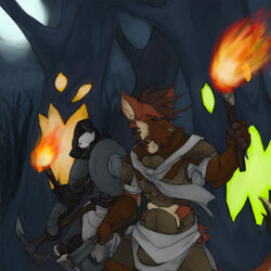 1:1 anthro armor axe baroque black_hair black_sclera brown_body brown_fur canid canine cetacean cloth clothing collapsed_dorsal_fin countershading detailed_background dolphin dorsal_fin duo fantasy fin forest fur gloves hair handwear hi_res holding_object holding_torch leather looking_back mace male mammal maned_wolf marine melee_weapon oceanic_dolphin orca outside pav plant purple_eyes randolph_(randt) shield toothed_whale torch tree weapon white_body white_fur