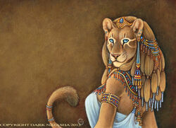 2013 anthro blonde_hair blue_eyes circlet clothing crown dark_natasha deity dress egyptian egyptian_clothing egyptian_mythology english_text felid female gold_(metal) gold_jewelry hair headgear jewelry kalasiris lion long_hair looking_at_viewer mammal middle_eastern_mythology mixed_media mythology necklace pantherine piercing sekhmet signature solo text tiara usekh whiskers