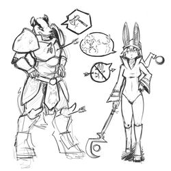 1:1 2013 anthro armor badger clothed clothing dialogue female hi_res lagomorph leporid magic_user male mammal monochrome mustelid musteline packmind rabbit silly simple_background text warrior weapon white_background