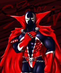 2013 abs armlet belt biceps black_clothing bone cape chains clothing demon demon_humanoid front_view green_eyes humanoid icon looking_at_viewer male mask monotone_cape monotone_clothing multicolored_clothing muscular muscular_arms muscular_humanoid muscular_male not_furry pecs portrait pose red_cape red_clothing ryuukikeito skull solo spandex spawn spawn_(series) spikes standing tattered_cape text three-quarter_portrait tight_clothing todd_mcfarlane torn_cape torn_clothing white_clothing