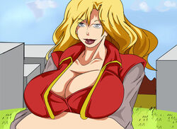  arms_under_breasts blonde_hair breasts carmyne_(grandia) commentary_request crossed_arms exbusterwolf female grandia grandia_xtreme large_breasts lipstick makeup solo upper_body 