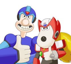  2016 5_fingers aardman_animations absurd_res alpha_channel anthro armor biped black_eyes black_nose blonde_hair blursed_image body_armor canid canine canis capcom cosplay crossover crossover_cosplay digital_drawing_(artwork) digital_media_(artwork) domestic_dog duo fingers front_view gesture gromit_(wallace_and_gromit) hair half-length_portrait hand_gesture headgear helmet hi_res human humanoid_hands light_body light_skin long_hair looking_at_viewer male mammal mega_man_(series) mega_man_x_(character) mega_man_x_(series) mrapplegate on_model portrait simple_background smile tan_body tan_skin thumbs_up toony transparent_background wallace_(wallace_and_gromit) wallace_and_gromit white_body zero_(mega_man) 