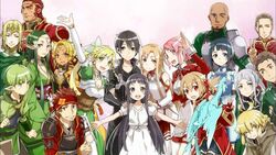  6+boys 6+girls agil alicia_rue animal_ears argo_the_rat arm_up armor asuna_(sao) bald bandana beard black_eyes black_hair blonde_hair blue_armor breastplate breasts brown_armor brown_eyes bunbun cat_ears cat_girl creature creature_on_shoulder crown dark-skinned_male dark_green_hair dark_skin dragon dragon_on_shoulder ear_covers elf end_card eugene_(sao) everyone facial_hair fairy feathered_dragon feathered_wings feathers feet_out_of_frame green_eyes green_hair grey_eyes grey_hair grin hair_between_eyes hand_up heathcliff_(sao) kirito klein_(sao) knight knights_of_blood_uniform_(sao) leafa lisbeth_(sao) long_hair looking_at_another looking_at_viewer medium_breasts mini_dragon mole mole_under_eye multiple_boys multiple_girls oberon_(sao) official_art on_shoulder outstretched_arms pina_(sao) pink_eyes pink_hair pointy_ears recon_(sao) red_armor red_bandana red_eyes red_hair sachi_(sao) sakuya_(sao) short_eyebrows shoulder_armor silica smile sword_art_online teeth thick_eyebrows thinker_(sao) upper_body upper_teeth_only v very_long_hair white_armor wings yellow_eyes yui_(sao) yulier_(sao) 