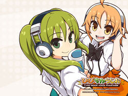  2girls :d chan_co green_eyes green_hair hand_on_headphones headphones hibino_hibiki highres katsuragi_chikagi looking_at_viewer mahou_tsukai_no_hako multiple_girls open_mouth orange_eyes orange_hair smile twintails 