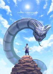  1boy animal black_hair blue_sky chokutou cloud cloudy_sky day dragon_horns finval forked_tongue giant giant_monster giant_snake green_eyes holding holding_sword holding_weapon horns japanese_clothes kimono long_sleeves long_tongue looking_at_viewer male_focus manda_(naruto) monster naruto_(series) naruto_shippuuden ninja outdoors oversized_animal purple_scales rock sash scabbard scales sheath sheathed sky slit_pupils snake standing sun sunlight sword tongue tongue_out uchiha_sasuke watermark weapon web_address 