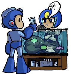 android aquarium armor blue_eyes capcom crossed_arms duo eye_contact female feral fish fish_tank headgear helmet holding_object humanoid ics looking_at_another machine male marine mega_man_(character) mega_man_(series) megaman_(classic) merfolk pouting robot robot_master simple_background sitting splash_woman split_form standing vivarium white_background