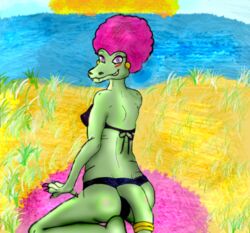 2011 accessory afro aleixter anthro ass beach bikini biped blush breasts clothing crocodilian donkey_kong_(series) female furgonomics grass hair kalypso kneeling kremling looking_at_viewer looking_back nintendo non-mammal_breasts outside pink_hair plant purple_eyes reptile scalie seaside solo sun swimwear tail tail_accessory tailband water