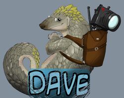 ambiguous_gender backpack brown_nose camera dave_the_pangolin english_text eyewear feral glasses hi_res looking_at_viewer mammal narse pangolin scales simple_background smile solo source_request tail text