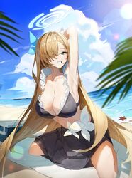  absurdres alternate_costume aqua_eyes arm_behind_head arm_up armpits asuna_(blue_archive) beach bikini black_bikini black_sarong blonde_hair blue_archive blue_bow blue_sky blurry blurry_foreground bokeh bow breasts cleavage cloud cloudy_sky commentary cooler cumulonimbus_cloud day depth_of_field eyelashes female flower flower_bikini frilled_bikini_top grin hair_intakes hair_over_one_eye hairbow halo highres kneeling large_breasts leaning_forward legs_folded lens_flare light_blush long_bangs long_hair looking_at_viewer navel ocean outdoors palm_leaf penguinbutler picnic_blanket presenting_armpit sarong shadow sideboob sky smile solo starfish sun swept_bangs swimsuit thighs white_flower 