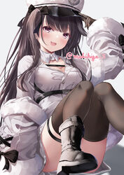  :d absurdres adjusting_clothes adjusting_headwear artist_name azur_lane belt black_footwear black_gloves black_hair black_thighhighs blush boots breasts buttons coat coat_dress female foot_out_of_frame fur_trim gloves hat high_heel_boots high_heels highres large_breasts long_hair looking_at_viewer makihige military military_hat military_uniform off_shoulder one_side_up open_clothes open_coat open_mouth pamiat_merkuria_(azur_lane) peaked_cap pink_eyes simple_background sitting smile solo thigh_strap thighhighs uniform watermark white_background white_coat white_hat wide_sleeves winter_clothes 