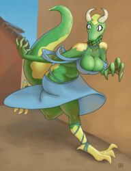  anthro belly belly_rolls big_breasts breasts cleavage clothed clothing dress female girly_armor green_body green_scales horn huge_breasts love_handles outside running scales scalie solo tail 