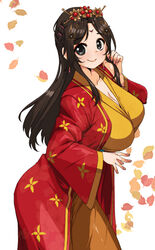  blush breasts chinese_clothes closed_mouth coat commission commissioner_upload dress eye_mask facial_mark female forehead_mark hair_ornament hairpin hand_in_own_hair hero&#039;s_adventure_road_of_passion highres large_breasts leaf leaf_background long_sleeves non-web_source pixiv_commission princess_fu_qing_(hero&#039;s_adventure_road_of_passion) rantia red_coat smile solo upper_body yellow_dress 