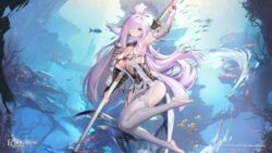  armor artist_request breasts bridal_gauntlets bridal_legwear cleavage closed_mouth copyright_notice echocalypse female fins fish fish_girl fish_tail hair_over_one_eye head_fins highres holding holding_sword holding_weapon katana kyubey_(echocalypse) large_breasts logo long_hair official_art official_wallpaper purple_eyes second-party_source sheath sheathed shoulder_armor single_vambrace solo sword tail underwater vambraces weapon 