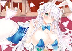  animal_ears azur_lane blue_bow blue_bowtie blue_leotard blush bow bowtie braid breasts butterfly_hair_ornament cigarette_pack cleavage closed_mouth collar detached_collar fake_animal_ears female frilled_leotard frills glass gloves green_eyes groin hair_ornament hair_over_one_eye highres holding holding_tray large_breasts leotard lighter long_hair looking_at_viewer louisville_(an_order_of_dreams)_(azur_lane) louisville_(azur_lane) lying marker_(medium) official_alternate_costume on_side pantyhose pink_hair playboy_bunny rabbit_ears shin_kun30 solo strapless strapless_leotard traditional_media tray twitter_username very_long_hair white_collar white_gloves white_pantyhose 