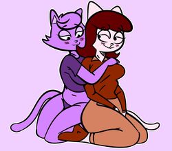  2024 a_kitty_bobo_show anthro anthro_on_anthro auburn_hair bedroom_eyes bent_arm bent_leg big_breasts big_eyes biped black_eyebrows black_eyes blush blush_lines bottomwear breasts bremen_avenue_experience cheek_tuft closed_smile clothed clothed_anthro clothed_female clothing crossover crossover_ship digital_drawing_(artwork) digital_media_(artwork) domestic_cat duo eyebrow_through_hair eyebrows eyelashes eyelids facial_tuft felid feline felis female female/female fingers footwear front_view fully_clothed fully_clothed_anthro fully_clothed_female fur fur_tuft glistening glistening_eyes gold-white-kott hair hands_between_legs hi_res hug hugging_another hugging_from_behind intraspecies jessica_(bae) kneeling legs_together looking_at_another looking_at_partner looking_back looking_back_at_another looking_back_at_partner maggie_(kitty_bobo) mammal mouth_closed narrowed_eyes navel orange_bottomwear orange_clothing orange_pants outline panties pants pink_body pink_ears pink_eyelids pink_fur pink_nose pink_tail prick_ears purple_background purple_clothing purple_ears purple_eyelids purple_hair purple_inner_ear purple_nose purple_panties purple_shirt purple_t-shirt purple_tail purple_topwear purple_underwear red_clothing red_footwear red_shirt red_shoes red_topwear round_eyes seductive shirt shoes short_hair simple_background small_nose smile smiling_at_another smiling_at_partner t-shirt tail thick_thighs topwear translucent translucent_hair tuft underwear white_outline 