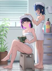  2girls bare_arms bare_shoulders barefoot black_hair black_nails blue_hair blush book breasts chest_of_drawers cleavage closed_mouth commentary crossed_legs english_commentary feet grin hair_between_eyes highres holding holding_book indoors ji-yoon_(jourd4n) jourd4n legs medium_breasts minori_yume_(jourd4n) multiple_girls nail_polish naked_towel open_book original pink_hair purple_hair red_eyes sitting smile standing toenail_polish toenails toes towel towel_on_head wet window window_blinds 