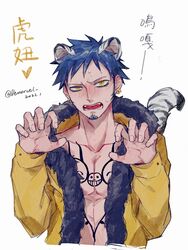  1boy 2022 animal_ears black_hair blush chest_tattoo claw_pose collarbone commentary_request dated demorzel earrings facial_hair fangs fur-trimmed_jacket fur_trim goatee highres jacket jewelry leopard_boy long_sleeves looking_at_viewer male_focus one_piece open_mouth short_hair snow_leopard_boy snow_leopard_ears snow_leopard_tail solo sweatdrop tail tattoo trafalgar_law translation_request twitter_username yellow_eyes yellow_jacket 