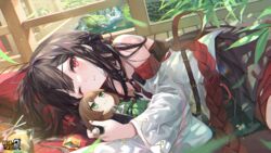  bare_shoulders benghuai_xueyuan black_hair breasts brown_hair copyright_name detached_sleeves doll dutch_angle elsa_lopez_(benghuai_xueyuan) female green_eyes highres holding holding_doll honkai_(series) indoors lying multicolored_hair mushoku_kika official_art on_side one_eye_closed red_eyes red_hair second-party_source two-tone_hair water 