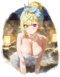  ai-generated bare_shoulders blonde_hair breasts cleavage closed_mouth female goruken_sandaime hair_ornament heterochromia hoshikawa_sara large_breasts leaning_forward looking_at_viewer naked_towel nijisanji onsen red_eyes smile solo towel virtual_youtuber wet x_hair_ornament yellow_eyes 