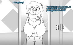  anthro avian clipboard clothed clothing dialogue door doorway english_text eyewear female glasses hi_res inside jishiru martlet_(undertale_yellow) monochrome monster neck_tuft onomatopoeia solo sound_effects talking_to_viewer text tuft undertale_yellow winged_arms wings 